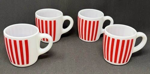 Set of 4 Vintage Hazel Atlas Red Candy Stripe Milk Glass Mugs