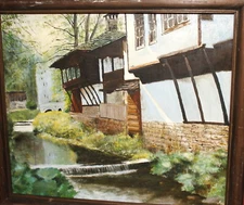Impressionist oil painting river landscape houses signed
