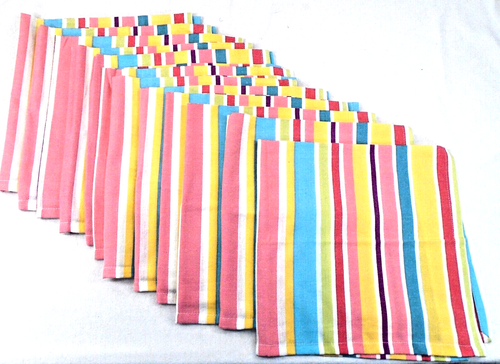 Set 12 Pier 1 Striped Pink Yellow Green Purple Teal Cotton 20" Fabric Napkins