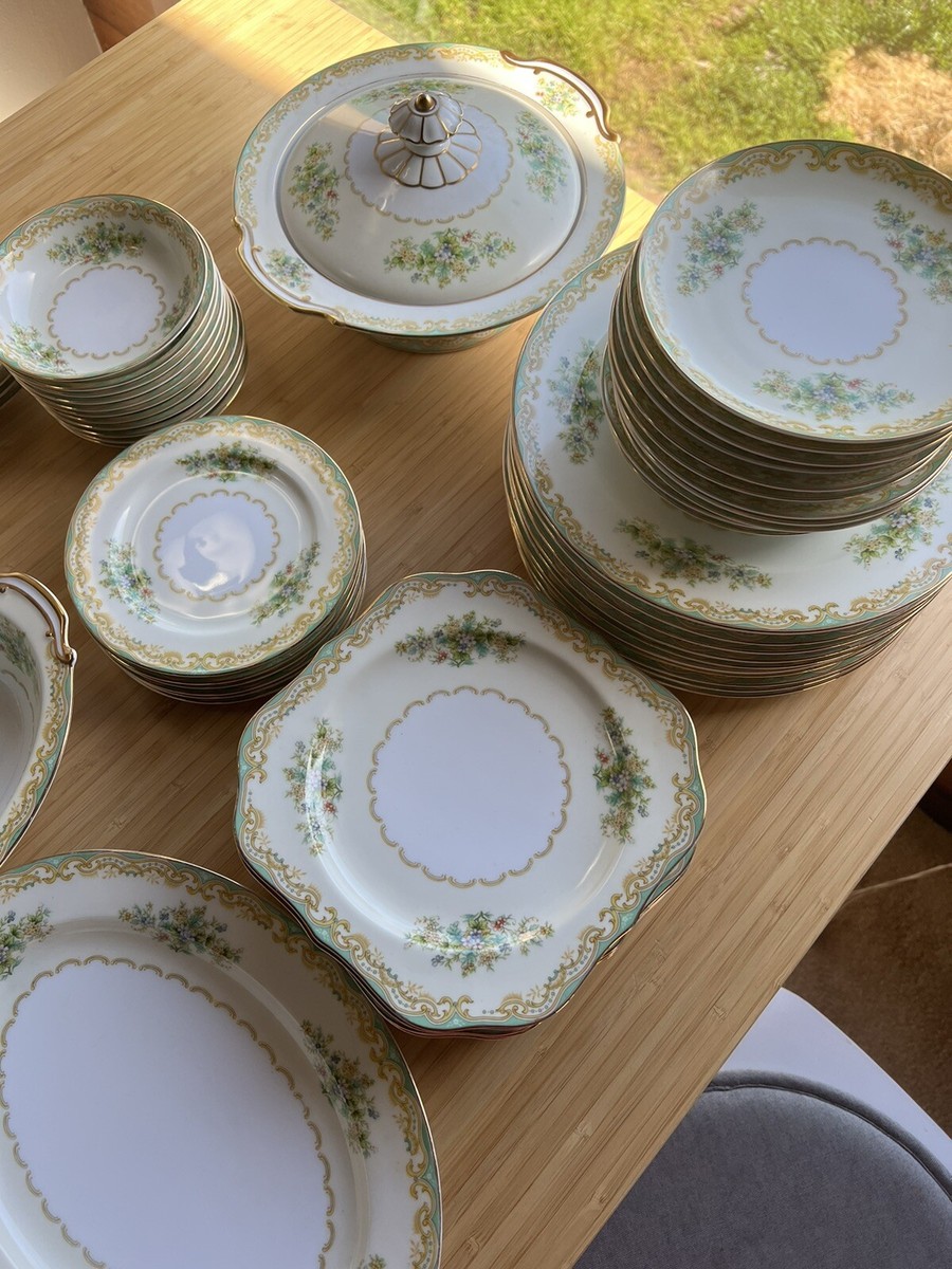 Vintage Noritake Set 66 Pieces Green & Gold Trim Floral
