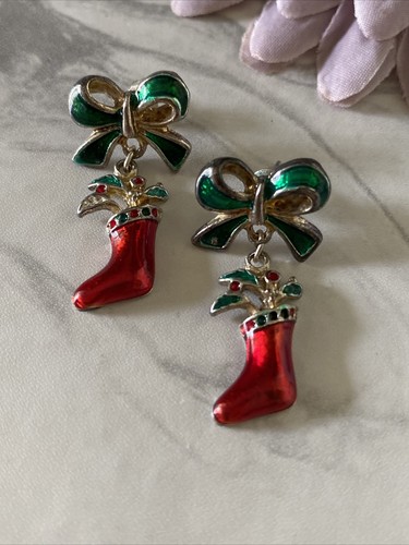 Christmas Earrings Green Bow Red Santa Stockings Pierced Silver Plate - Picture 6 of 6