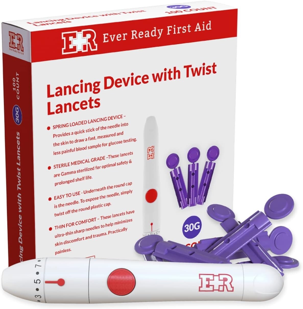 Ever Ready First Aid Lancing Device with 30-Gauge Twist Lancets - 100 ...
