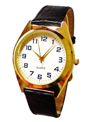 Montre Classique Bracelet Façon Cuir Noir Ø 3,3cm Boitier Rond Doré Fond Blanc