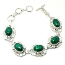 Green Malachite Handmade Gemstone 925 Sterling Silver Jewelry Bracelet Sz 7-8"