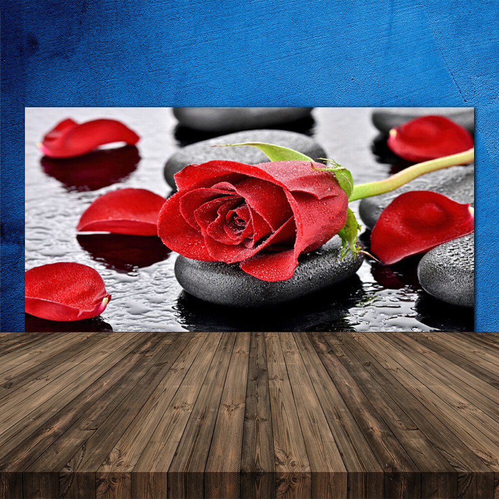 Crédence de cuisine en verre 120x60 cm à motif floral rose et pierres