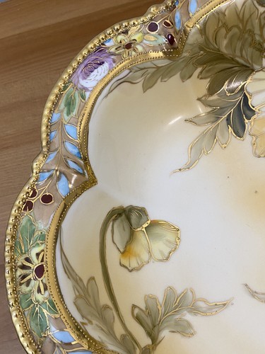Large Antique Nippon Porcelain Bowl Heavy Gold Beading Hand Painted Floral Leaf - Picture 6 of 13