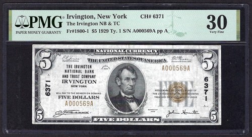 🇺🇸NY 1929 $5 ♚♚IRVINGTON, NEW YORK♚♚ PMG VERY FINE 30 VERY RARE!!! - Picture 2 of 3