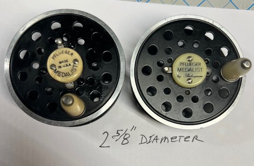 2 Vintage Pflueger Medaiist 2 5/8"" SPOOLS , PERRINE FLY BOX, and Leader USA