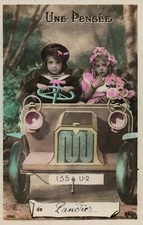 Children in Car Antique Hand Colored Souvenir Postcard France Aero Landier