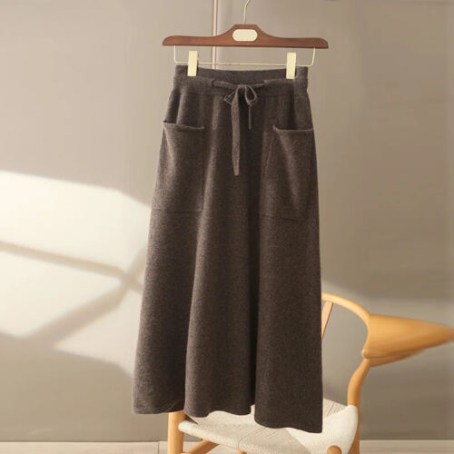 Damen Kaschmir Wollmischung Kordelzug Schnürung Taschen Midirock A-Linie Kleid - Bild 17 von 26
