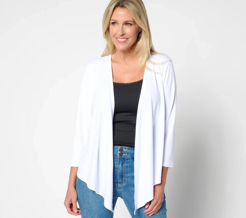 Susan Graver Every Day Liquid Knit 3/4 Slv Signature Shrug-White-XXS-NEW-A647439