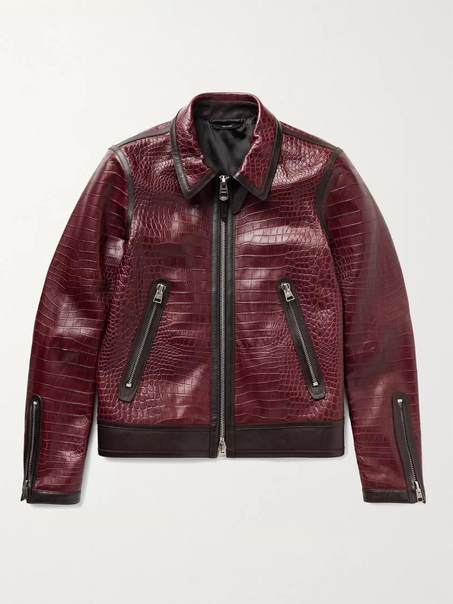 TOM FORD Croc-Effect Leather Jacket IT 46 Burgundy Brown TOM FORD Croc-Effect Leather Jacket IT 46 Burgundy Brown