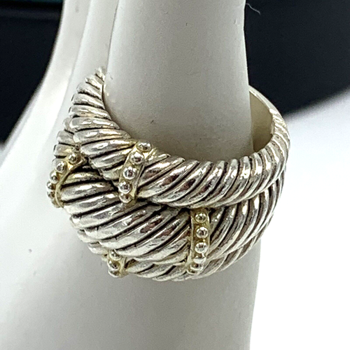 Anello largo in argento sterling 925 e placcato oro design ritorto dichiarazione misura 7 - Foto 6 di 8
