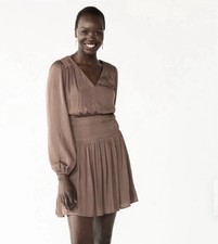 Nine West Brown Satin Smocked Waist V-Neck Long Sleeve Mini Dress M Lined