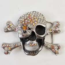 Skull Crossbones Belt Buckle 3D Rhinestones Biker Pirate Halloween Cosplay