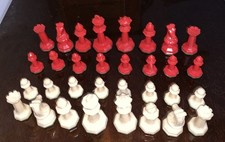 Vintage Bakelite Red And Ivory Chess Pieces Full Set