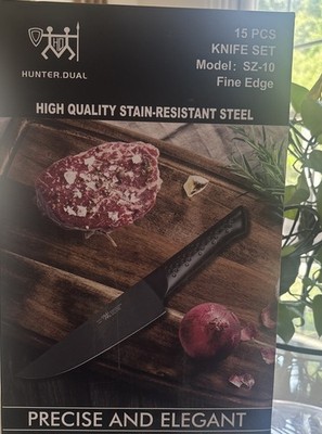 HUNTER.DUAL 15 Pcs Kitchen Knife Set with Block Self Sharpening, Black *NEW*