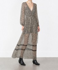 ZARA maxi semi-sheer dress,adjustable waist,cream&black,loose,V-neck,long, XS,S