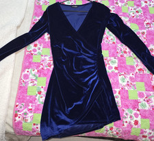 Express Blue Velvet Ruched Wrap Dress, Women’s Regular XS Long Sleeve V-Neck