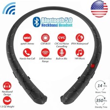 Sweatproof Neckband Headset Wireless Bluetooth Retractable Headphones Earbuds