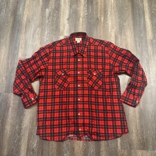 Vintage Sears Men  s XL 17-17.5 Long Sleeve Plaid Flannel Shirt Red /Black