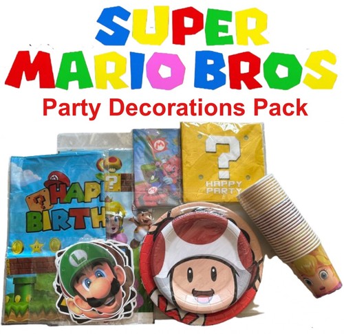 Paquete de decoraciones de fiesta de Super Mario Bros platos tazas servilletas banner cubiertas de mesa - Imagen 1 de 8