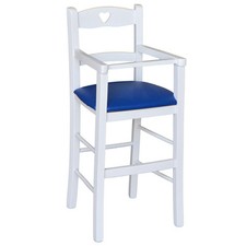 Seggiolone in legno bianco con seduta imbottita in similpelle blu