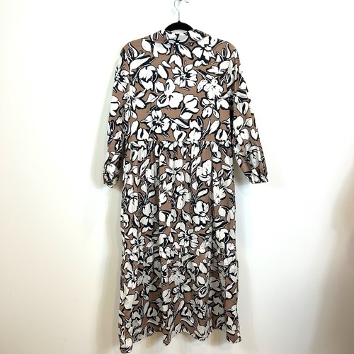 Cynthia Rowley XL Brown Floral Maxi Dress Popover Cotton Pockets Tiered - Picture 7 of 10