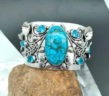 Blue Turquoise Gemstone 925 Sterling Silver Jewelry Cuff Bracelet Adjustable