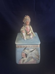 Antique Majolica Native American Indian Chief Figural Tobacco Jar Humidor