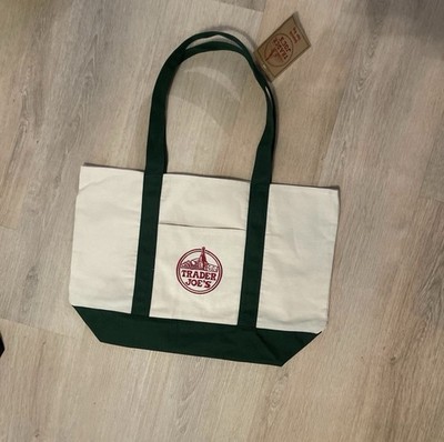 Trader Joe's Foldable Canvas Tote Bag Beige Green Reusable Shopping Grocery Bag