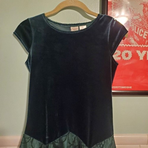 Vintage 90s Forest Green Crushed Velvet Floral A Line Midi Dress - Picture 5 of 11