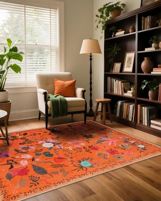 Boho Washable Area Rug 4x6   Floral Low Pile Non-Slip Carpet for Living Room,...