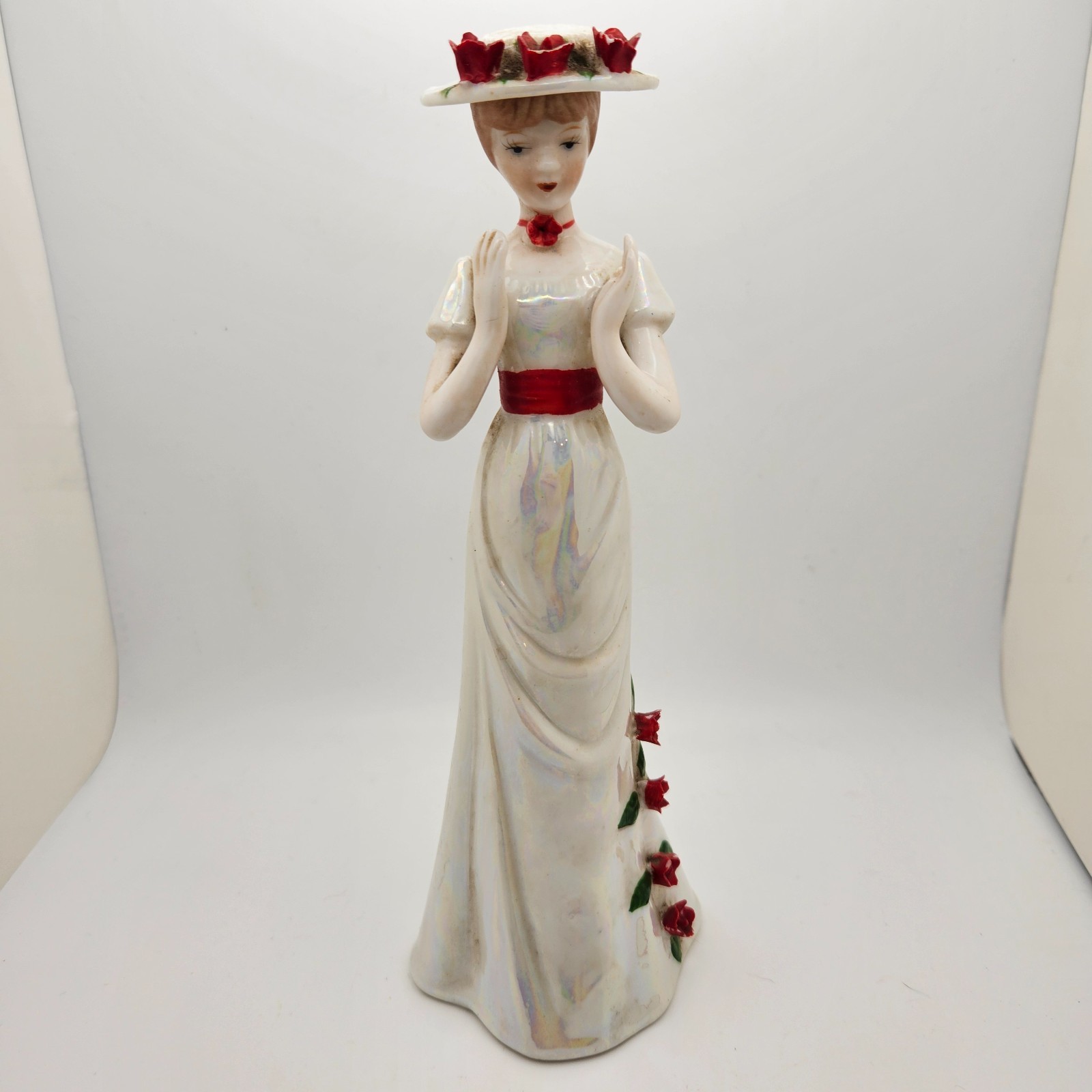Vintage Iridescent Lady Figurine w/ Red Roses Hat Dress 8” Victorian Style