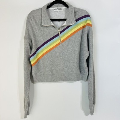 Wildfox Small Cropped Sweatshirt Half Zip Rainbow Stripe Gray Long Sleeves NWT