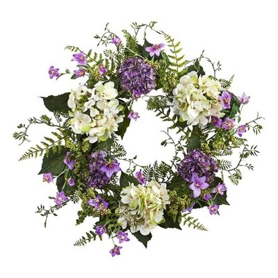 Nearly Natural 24'' Hydrangea Berry Wreath with Diverse Textures in Purple