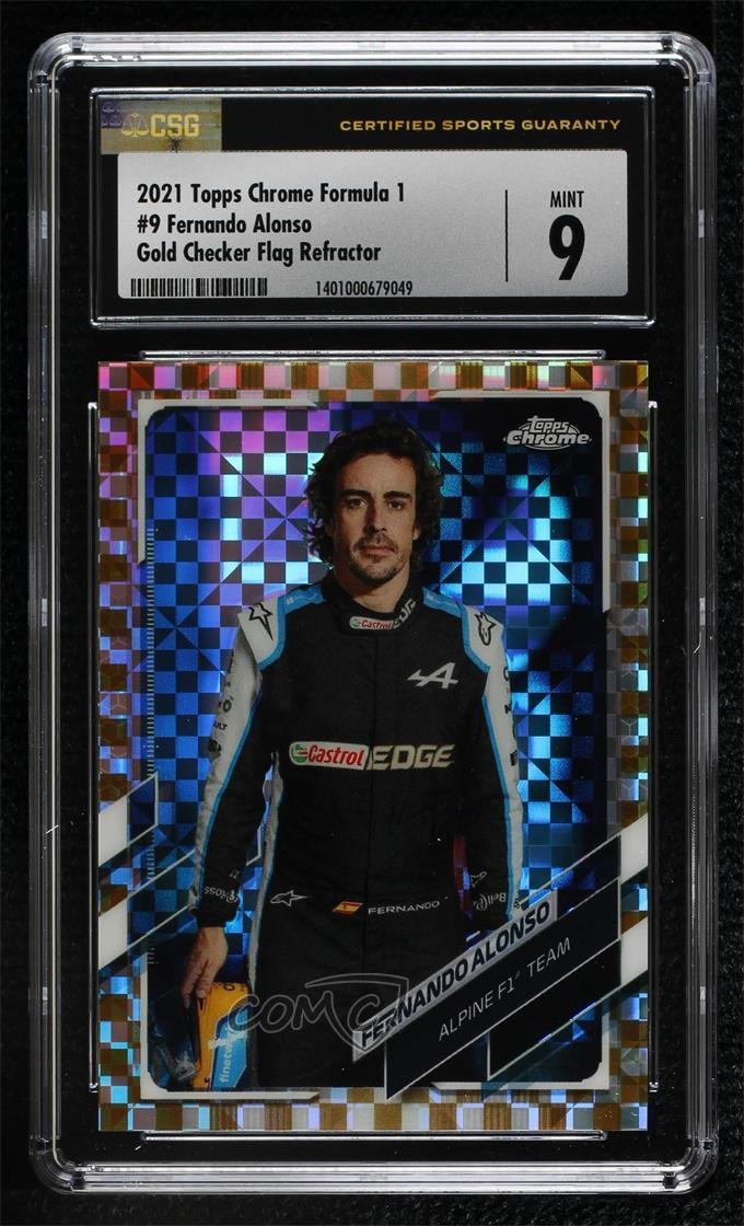 2021 Chrome Formula 1 Gold Checker Flag Refractor 30/50 Fernando Alonso #9 5x5