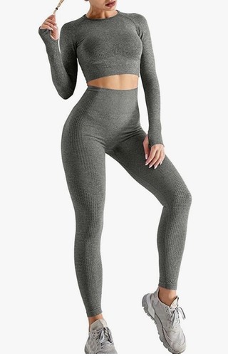 EUYZOU Women’s Ribbed Seamless 2 Piece Workout Set Crop Top High Waisted Grey Lg