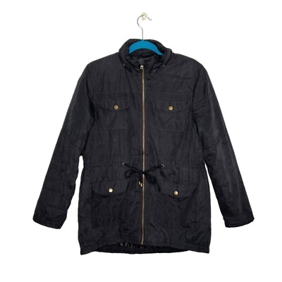 Shinestar Solid Black Anorak Utility Long Line Zipper Front Jacket Coat Medium