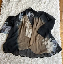 Citron Santa Monica Sheer Silk Topper Kimono Size Petite L Black w Multi Floral