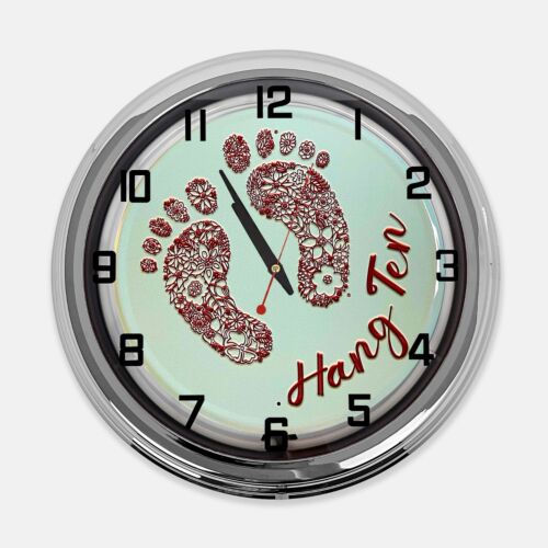 18" Hang Ten Feet Metal Sign Designed White Neon Clock - Picture 2 of 6