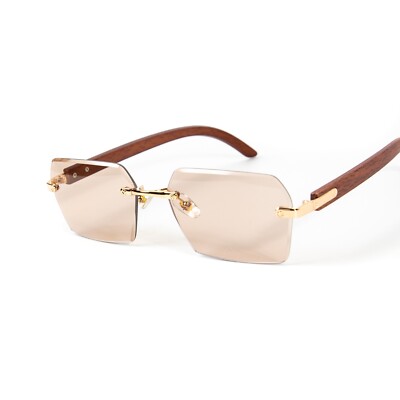 Rimless Beige Gradient Tint Hip Hop Men's Gold Frame Woodgrain Sunglasses