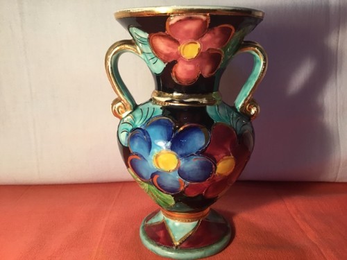 Vase Valauris Monaco en céramique, hauteur 18 cm, décor fleur et doré signé JTF - Picture 3 of 7