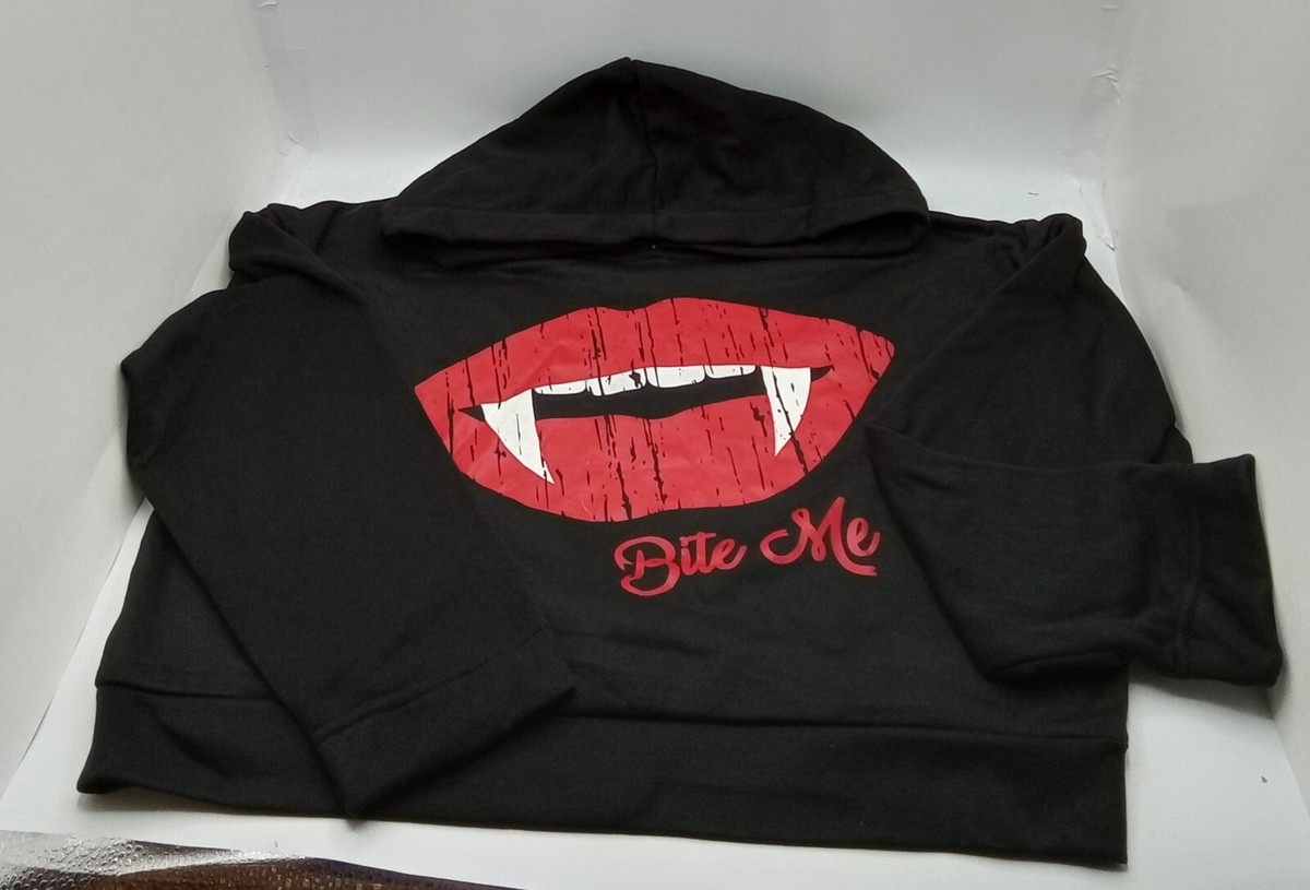 Bite Me Vampire Fangs w/Red Lips Hoodie Adult Size 12, $12.00