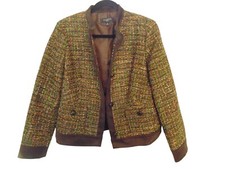 Talbots Brown Orange Fall Tone Tweed Blazer Jacket Size 8P Velvet Trim