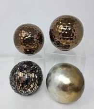 Set of 4 Metal decorative balls For Displays Or Bowls Goldtone Mosaic Mirror 