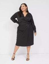 NEW LANE BRYANT BLACK STRETCH SATIN SURPLICE KNOT FRONT MIDI DRESS 18/20