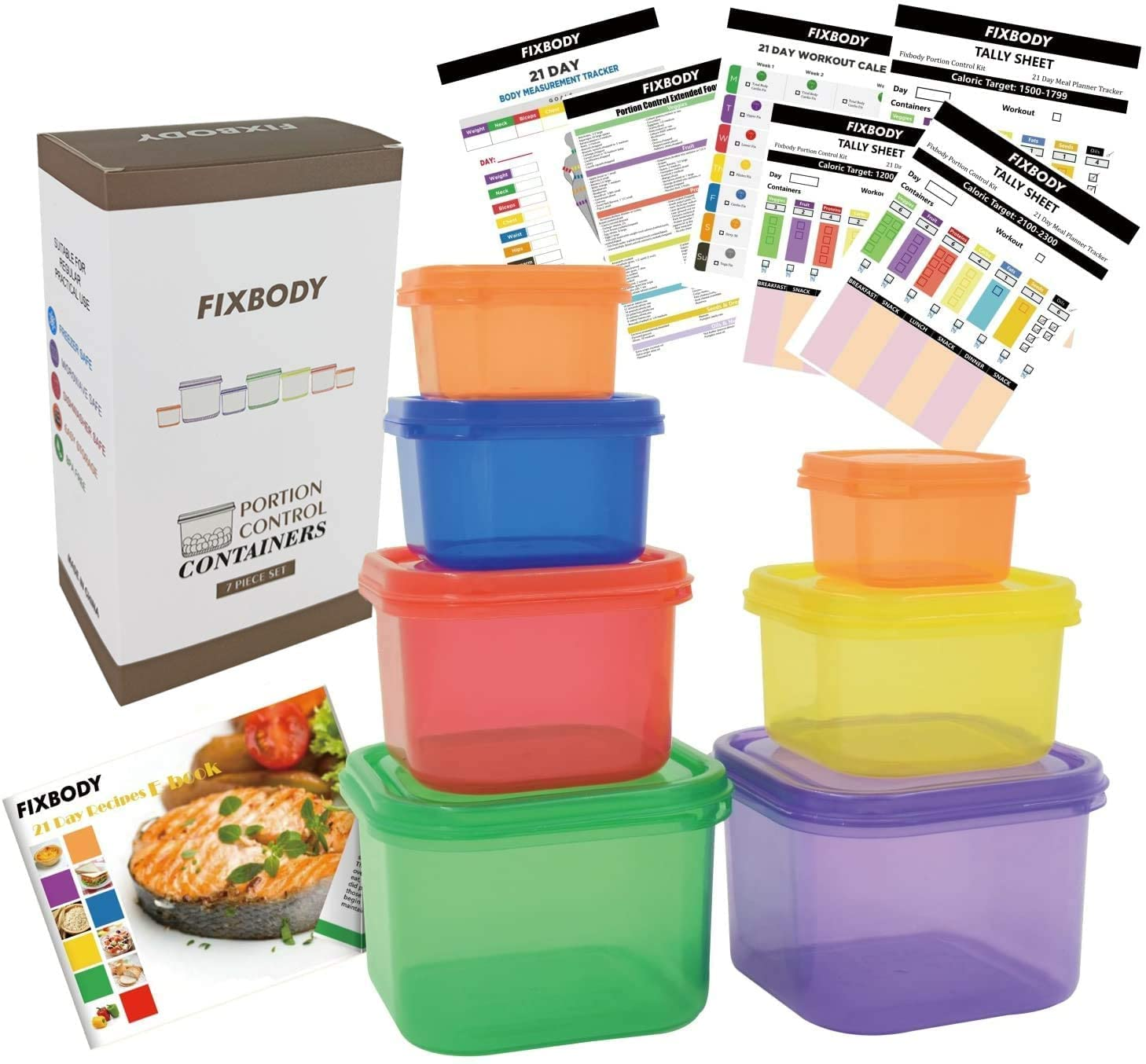 FIXBODY 7PCS Portion Control 21 Indefinitely Labeled Containers Color-Coded Ranking TOP20