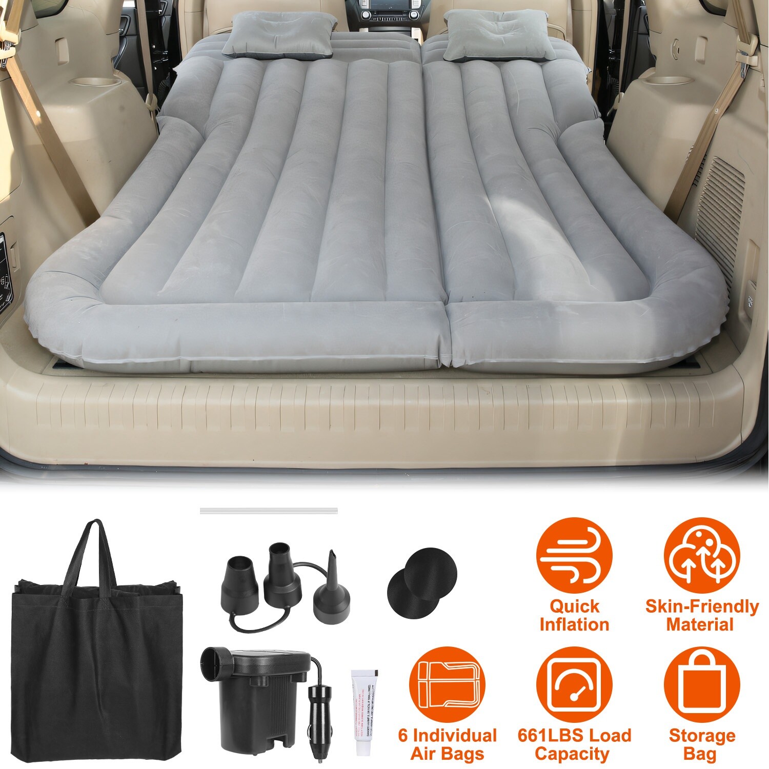 Car Travel Inflatable Air Mattress Bed For Camping with 2 Air Pillows and Pump