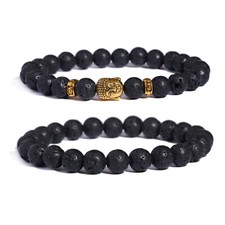 2 Pcs Black Natural Stone Buddha Beads Lava Rock Charm Bracelets Unisex Jewelry